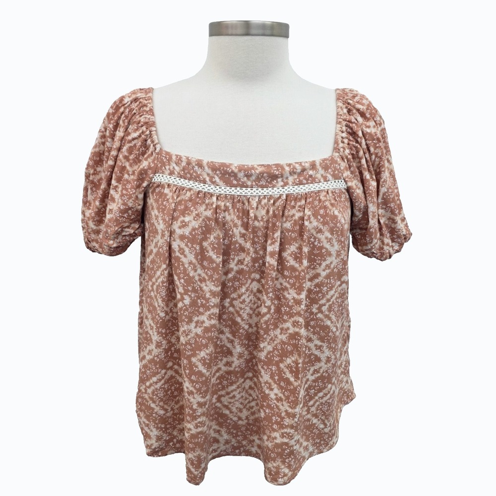 June‎ & Hudson Womens S Brown Floral Square Neck Puff Sleeve Peasant Boho Top